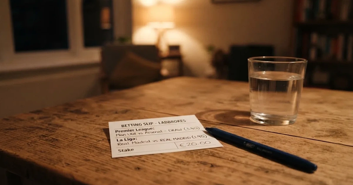 Ein leerer Papier-Wettschein liegt zusammen mit einem Kugelschreiber auf einem Tisch, daneben ein Glas Wasser.