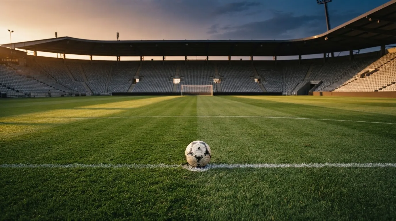 Ein Fußball liegt auf dem Elfmeterpunkt eines leeren Platzes im Abendlicht.