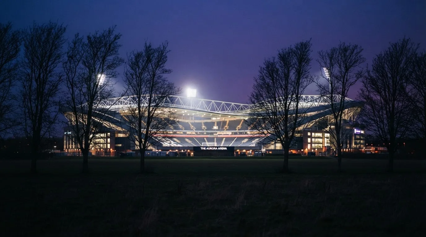 Ein Stadion unter Flutlicht, aus großer Entfernung gesehen, davor eine Reihe kahler Bäume im Dämmerlicht.
