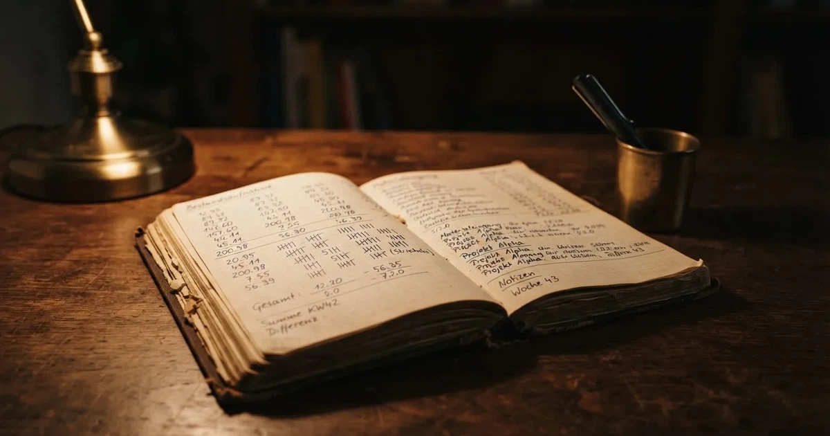 Ein Notizbuch mit handschriftlichen Zahlenreihen und Strichlisten liegt neben einem Taschenrechner auf einem Schreibtisch.
