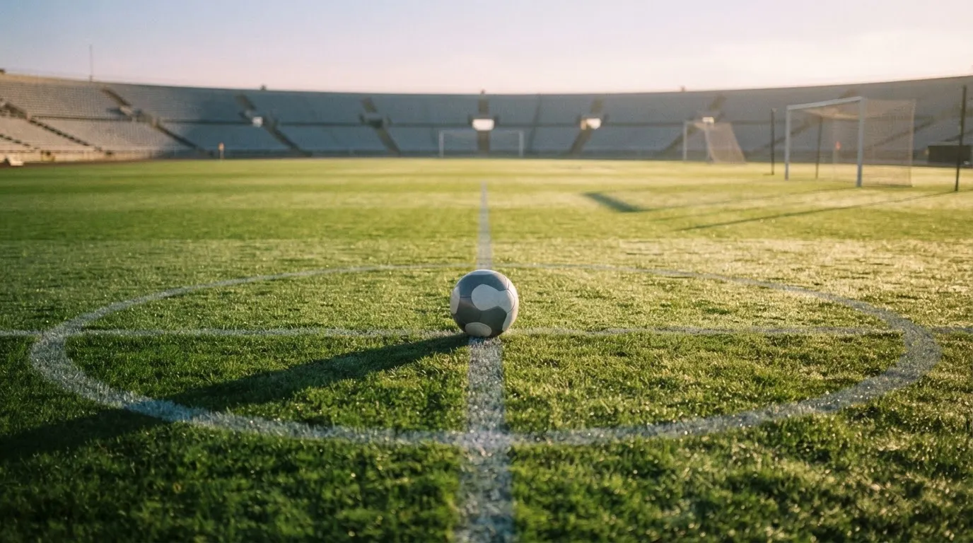 Ein Fußball auf dem Mittelkreis eines leeren Rasenplatzes im frühen Morgenlicht.