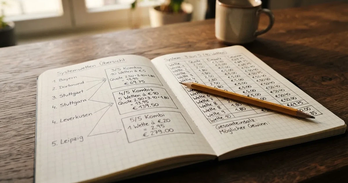 Ein Notizbuch mit handschriftlichen Zahlenreihen und Kästchen liegt neben einem Taschenrechner und einem Bleistift auf einem Schreibtisch.