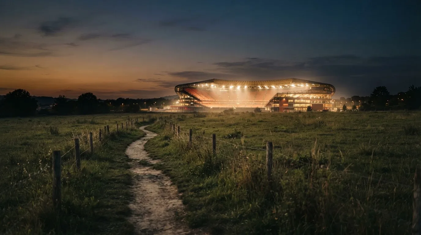Ein beleuchtetes Stadion aus großer Distanz am Abend, im Vordergrund ein Feldweg.