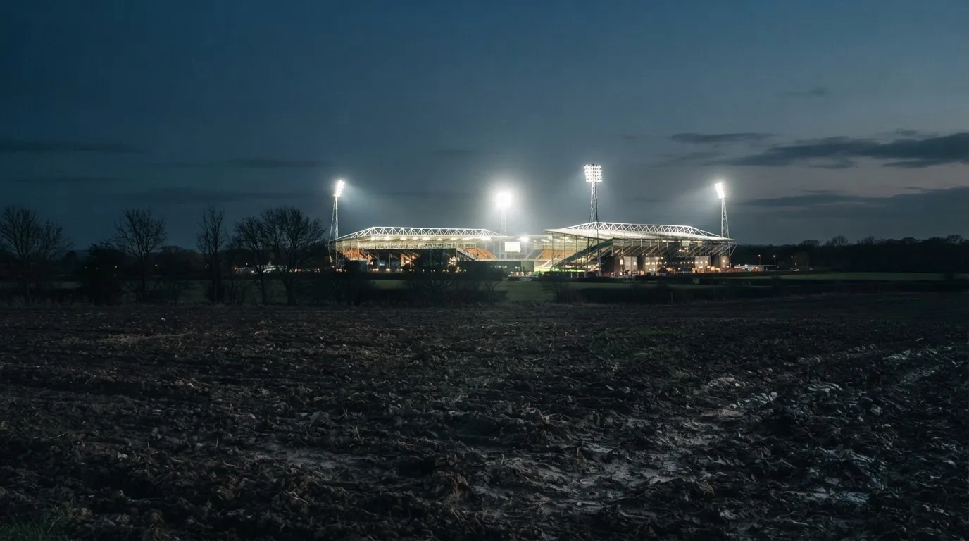 Ein Stadion unter Flutlicht aus großer Entfernung, davor ein dunkler Acker im Abendlicht.
