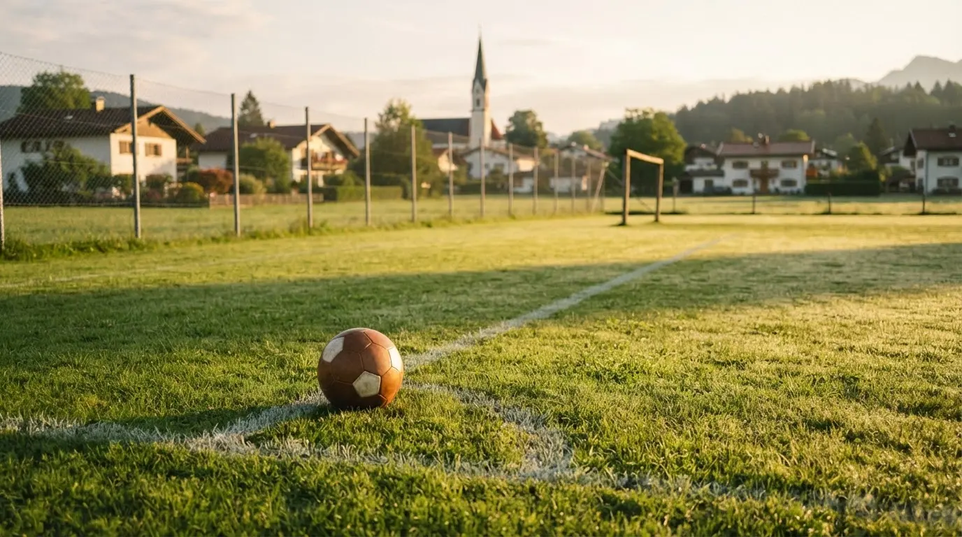 Ein Fußball auf dem Rasen eines leeren Sportplatzes am Rand einer Kleinstadt im Morgenlicht.