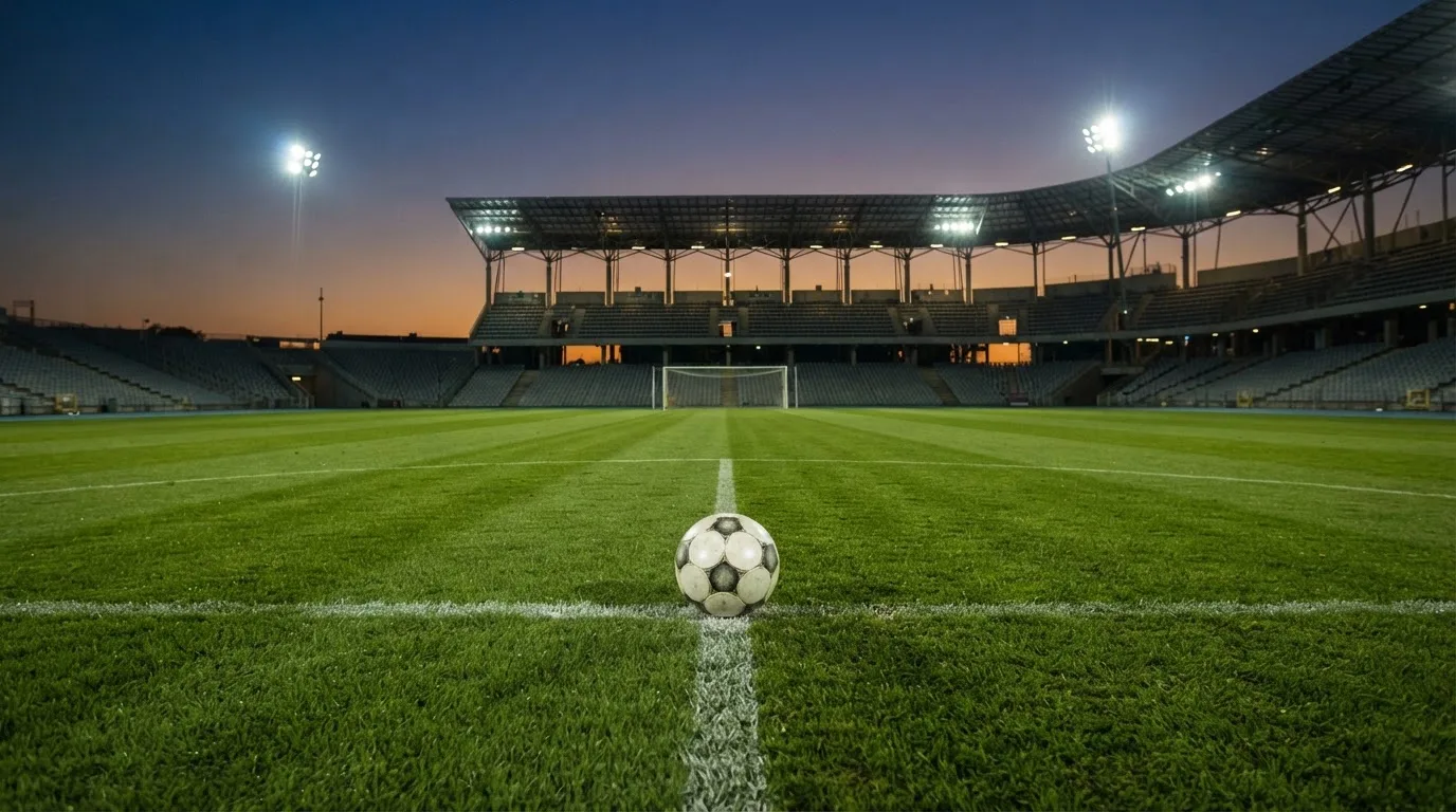 Ein Fußball liegt auf dem Anstoßpunkt eines leeren Rasenplatzes, im Hintergrund ein Stadion unter Flutlicht in der Abenddämmerung.