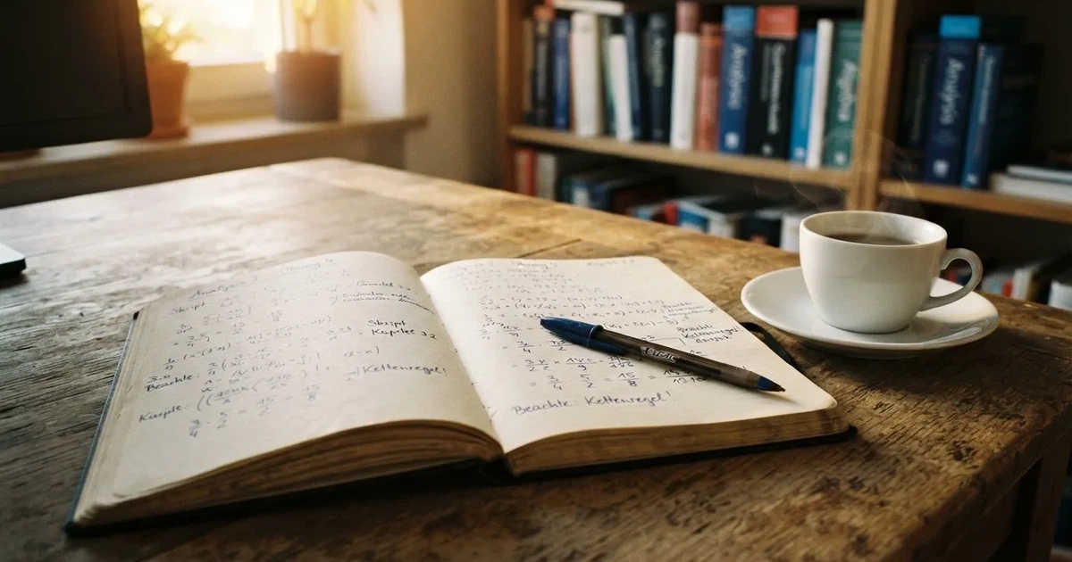 Ein Notizbuch mit handschriftlichen Rechnungen und ein Taschenrechner liegen auf einem Schreibtisch neben einer Tasse Kaffee im Licht des frühen Morgens.