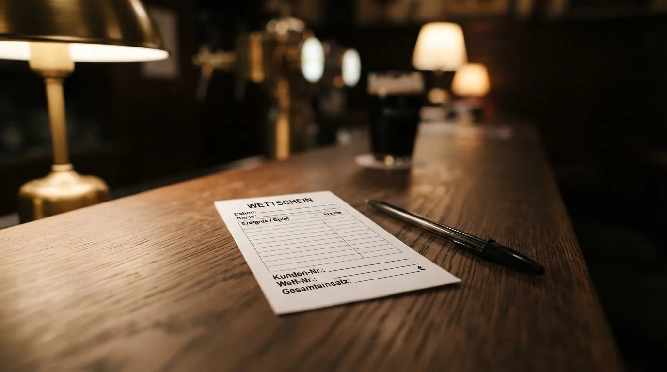 Ein leerer Wettschein aus Papier liegt neben einem Stift auf einer hölzernen Theke, weiches Licht fällt von der Seite ein.