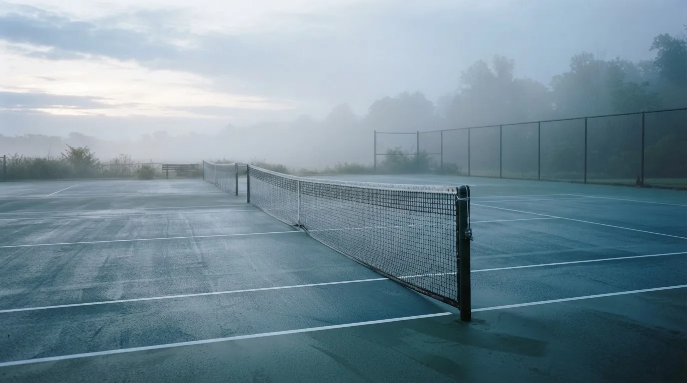 Ein Tennisplatz im Morgengrauen, das Netz und die Linien liegen im Tau, im Hintergrund leichter Nebel und kein Mensch zu sehen.