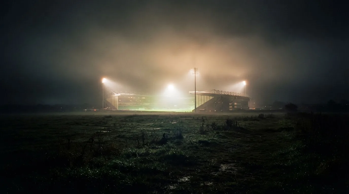 Ein Stadion unter Flutlicht, aus großer Entfernung über eine dunkle Wiese fotografiert, am Himmel zieht Nebel auf.