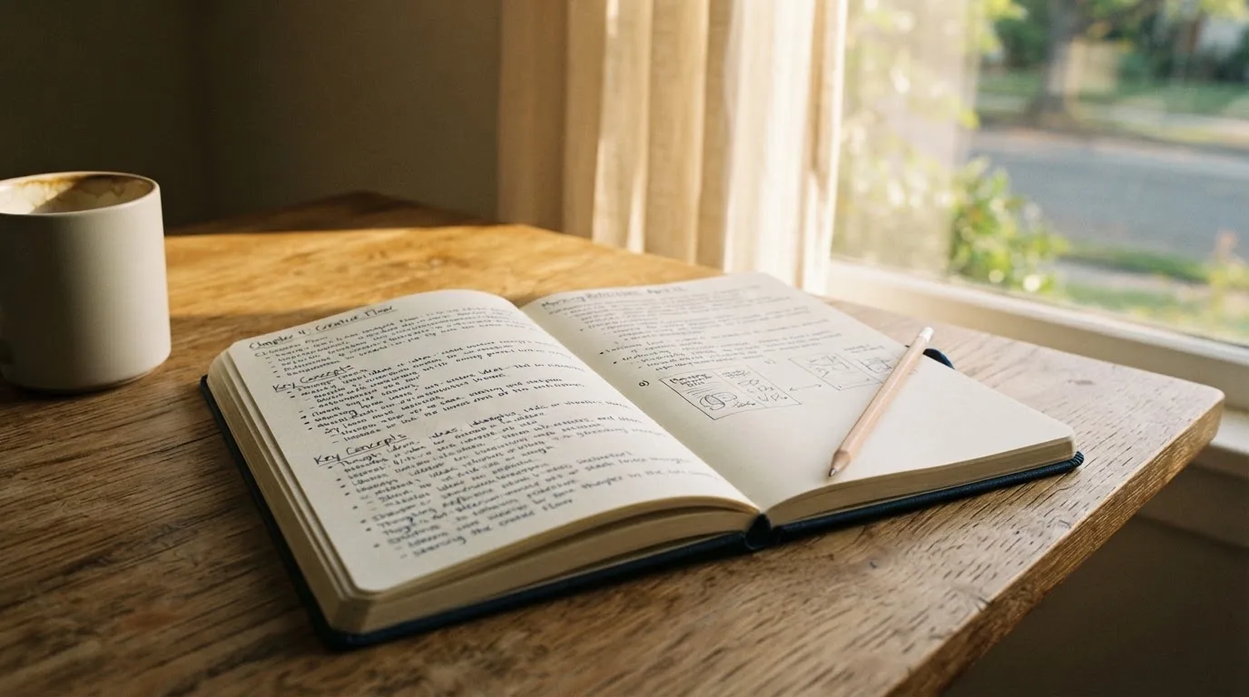 Ein Notizbuch mit handschriftlichen Notizen und ein Bleistift liegen auf einem Schreibtisch am Fenster, draußen fällt Morgenlicht herein.