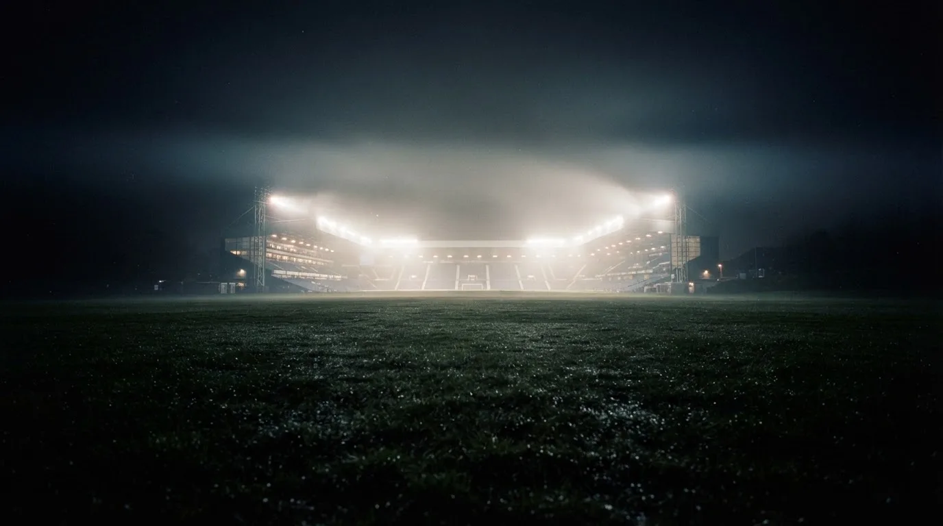 Ein Stadion unter Flutlicht, aus großer Entfernung über eine dunkle Wiese fotografiert, am Himmel zieht Nebel auf.