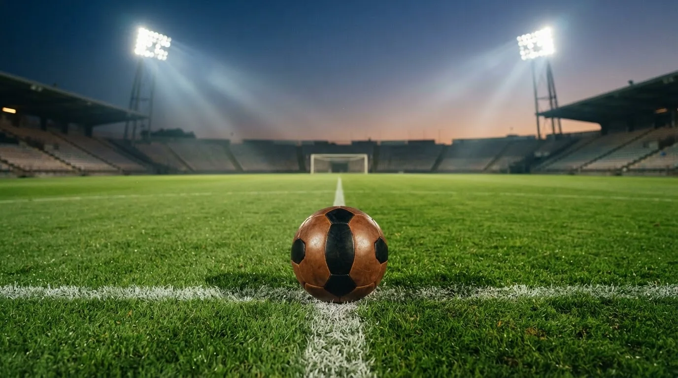 Ein Fußball liegt auf dem Anstoßpunkt eines leeren Rasenplatzes, im Hintergrund steht ein Stadion unter Flutlicht in der Dämmerung.