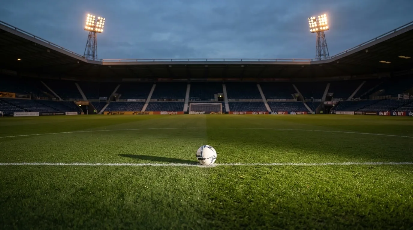Ein Fußball liegt auf dem Rasen eines leeren Platzes, im Hintergrund ein Stadion unter Flutlicht in der Abenddämmerung.