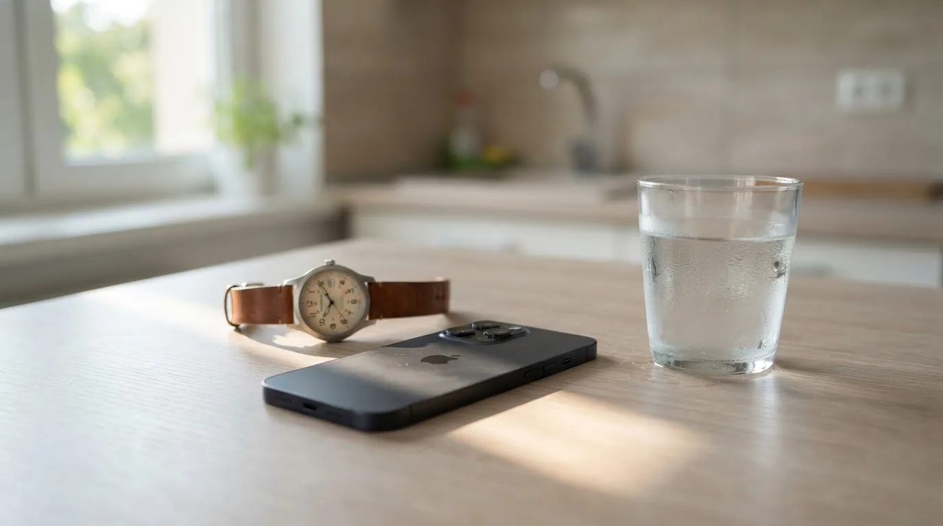 Ein Smartphone liegt mit dem Display nach unten auf einem Küchentisch, daneben stehen ein Glas Wasser und eine Armbanduhr.