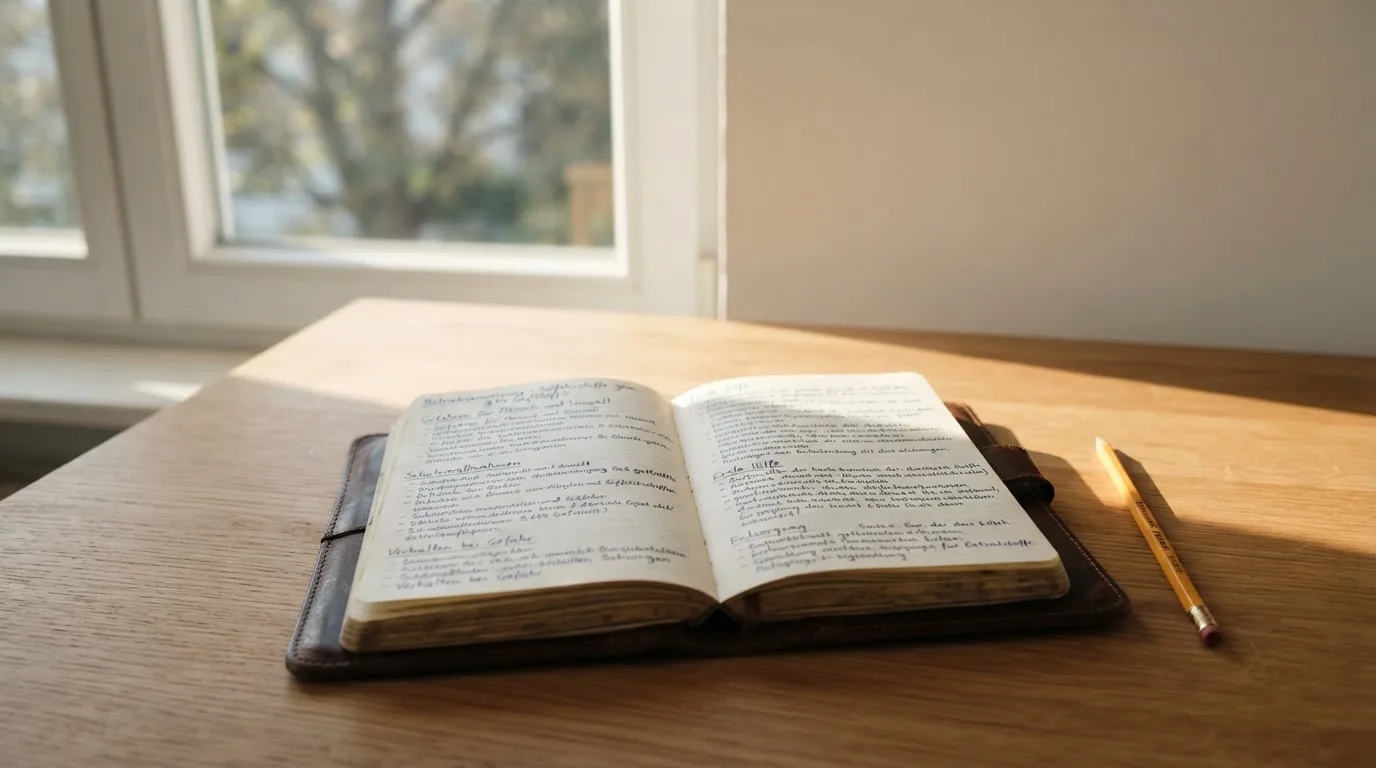 Ein Notizbuch mit handschriftlichen Notizen und ein Bleistift liegen auf einem Schreibtisch am Fenster, draußen fällt Morgenlicht herein.