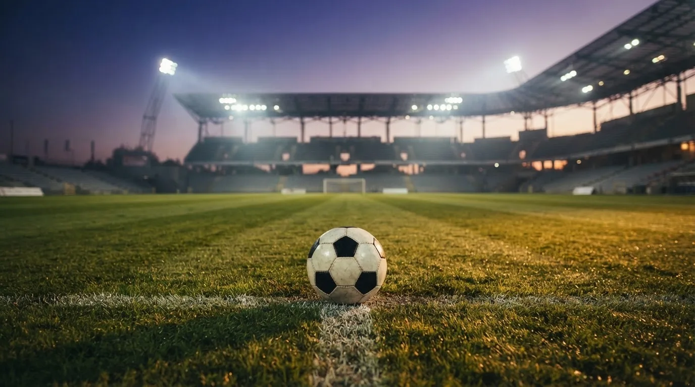 Ein Fußball liegt auf dem Anstoßpunkt eines leeren Rasenplatzes, im Hintergrund steht ein Stadion unter Flutlicht in der Dämmerung.
