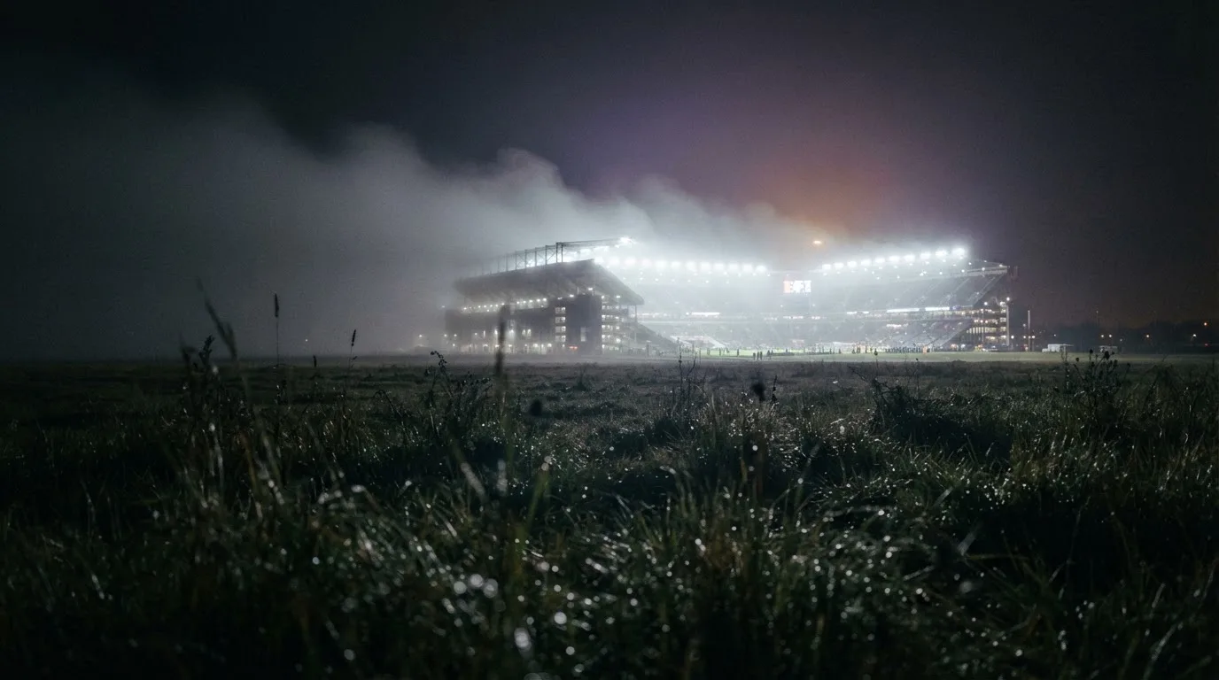 Ein Stadion unter Flutlicht, aus großer Entfernung über eine dunkle Wiese fotografiert, am Himmel zieht Nebel auf.