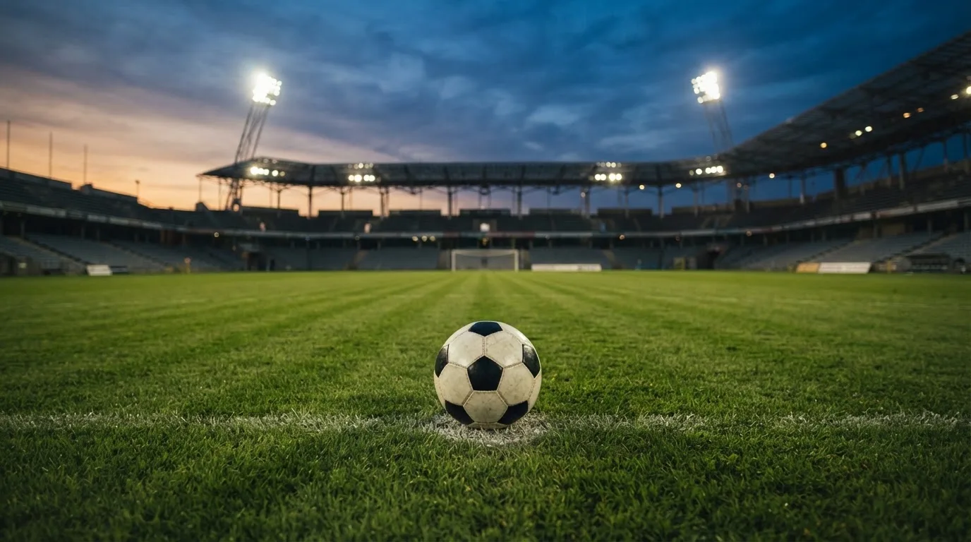 Ein Fußball liegt auf dem Rasen eines leeren Platzes, im Hintergrund ein Stadion unter Flutlicht in der Abenddämmerung.