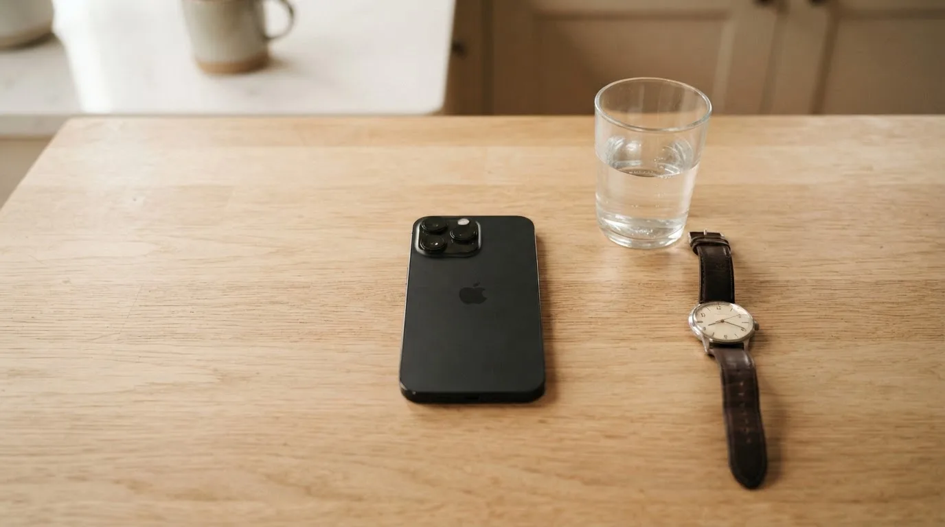 Ein Smartphone liegt mit dem Display nach unten auf einem Küchentisch, daneben stehen ein Glas Wasser und eine Armbanduhr.