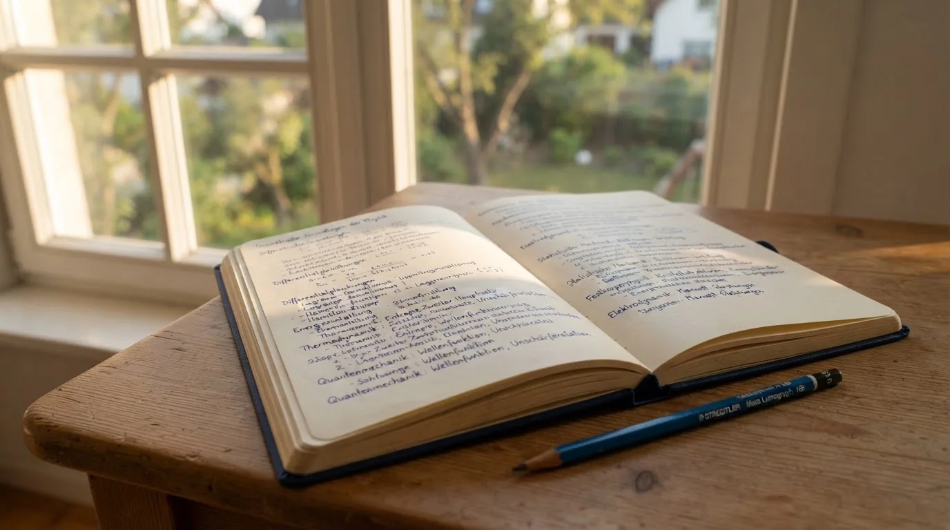 Ein Notizbuch mit handschriftlichen Notizen und ein Bleistift liegen auf einem Schreibtisch am Fenster, draußen fällt Morgenlicht herein.