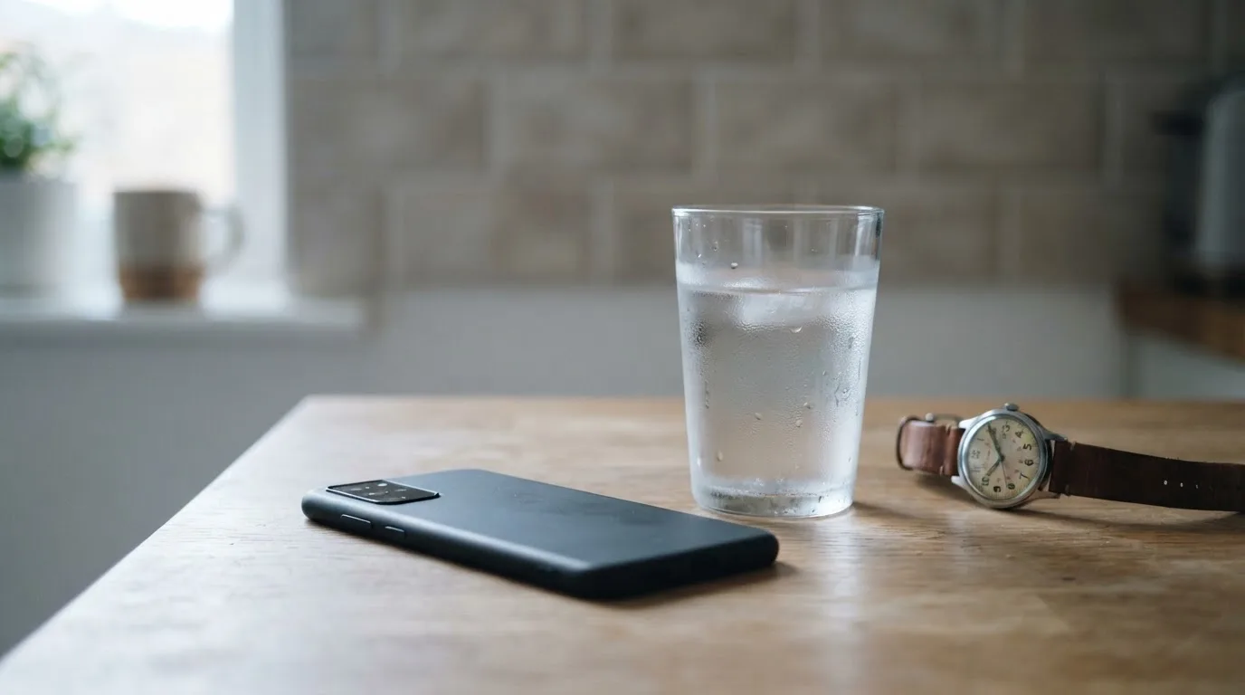 Ein Smartphone liegt mit dem Display nach unten auf einem Küchentisch, daneben stehen ein Glas Wasser und eine Armbanduhr.
