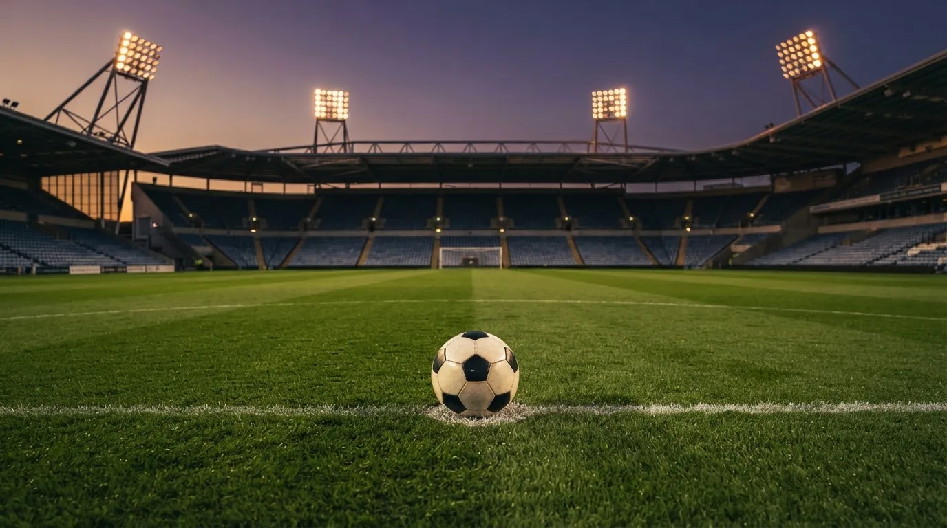 Ein Fußball liegt auf dem Anstoßpunkt eines leeren Rasenplatzes, im Hintergrund steht ein Stadion unter Flutlicht in der Dämmerung.