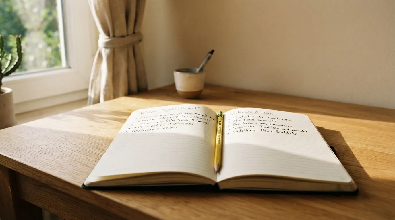 Ein Notizbuch mit handschriftlichen Notizen und ein Bleistift liegen auf einem Schreibtisch am Fenster, draußen fällt Morgenlicht herein.