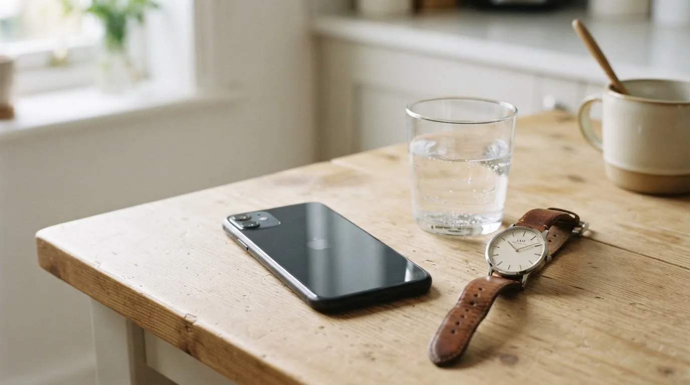 Ein Smartphone liegt mit dem Display nach unten auf einem Küchentisch, daneben stehen ein Glas Wasser und eine Armbanduhr.