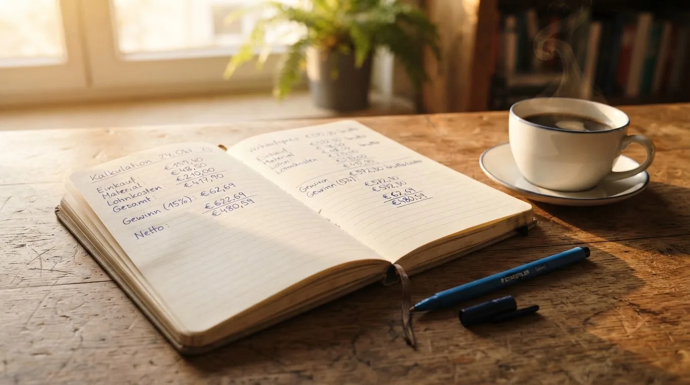 Ein Notizbuch mit handschriftlichen Rechnungen und ein Taschenrechner liegen auf einem Schreibtisch neben einer Tasse Kaffee im Licht des frühen Morgens.