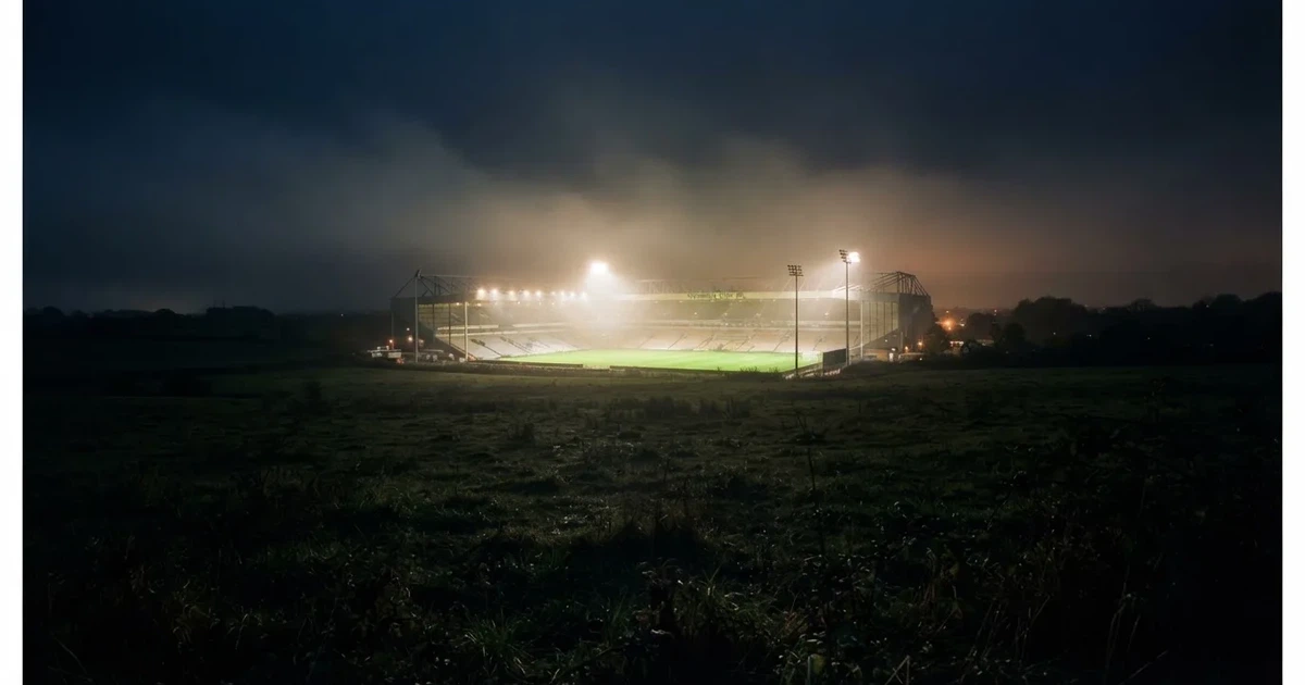 Ein Stadion unter Flutlicht, aus großer Entfernung über eine dunkle Wiese fotografiert, am Himmel zieht Nebel auf.