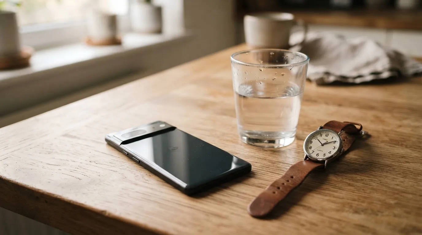 Ein Smartphone liegt mit dem Display nach unten auf einem Küchentisch, daneben stehen ein Glas Wasser und eine Armbanduhr.