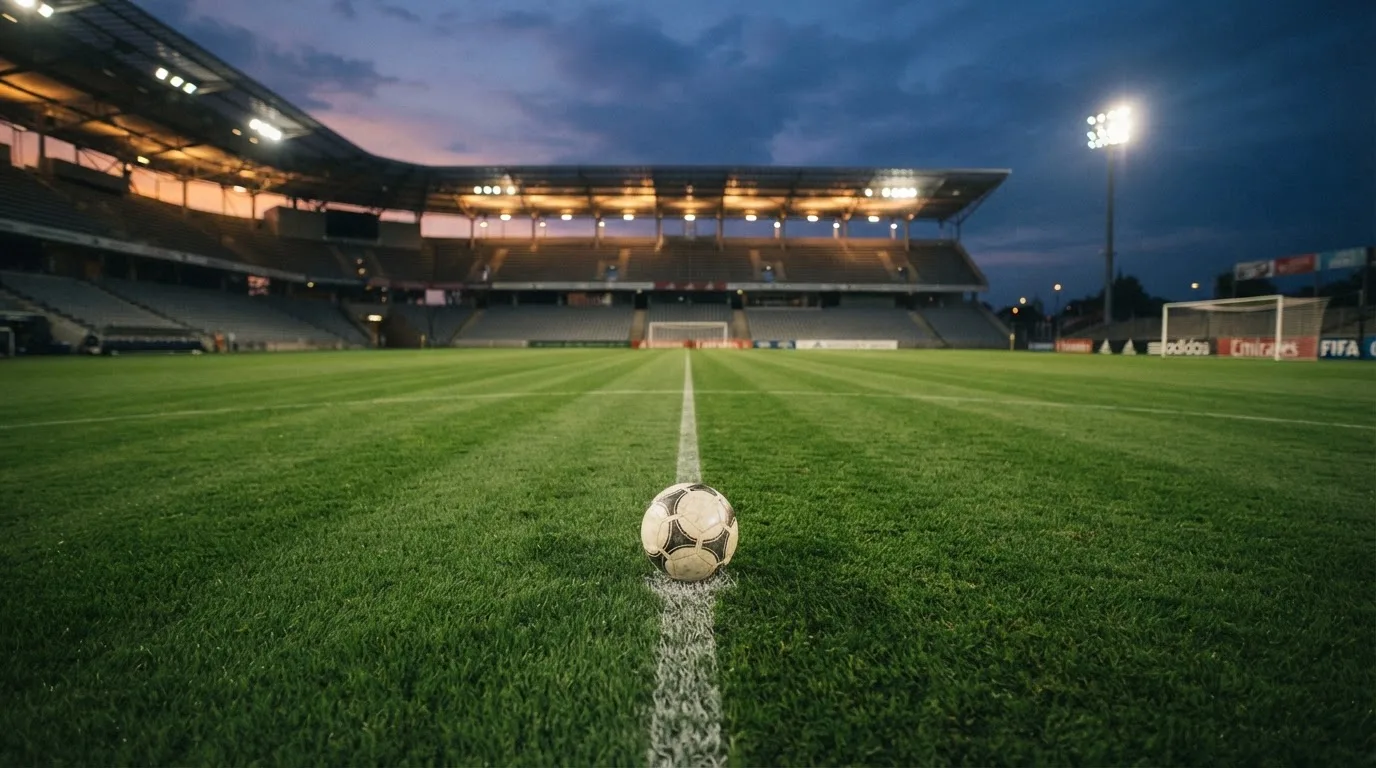 Ein Fußball liegt auf dem Rasen eines leeren Platzes, im Hintergrund ein Stadion unter Flutlicht in der Abenddämmerung.