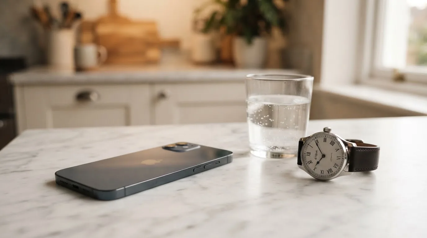 Ein Smartphone liegt mit dem Display nach unten auf einem Küchentisch, daneben stehen ein Glas Wasser und eine Armbanduhr.