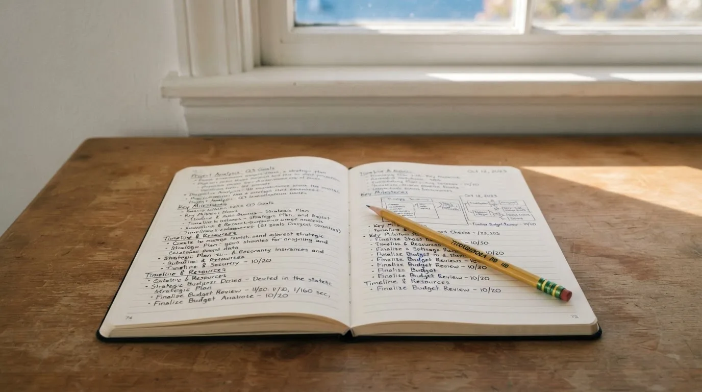 Ein Notizbuch mit handschriftlichen Notizen und ein Bleistift liegen auf einem Schreibtisch am Fenster, draußen fällt Morgenlicht herein.