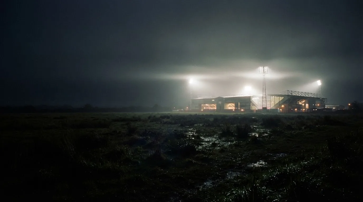 Ein Stadion unter Flutlicht, aus großer Entfernung über eine dunkle Wiese fotografiert, am Himmel zieht Nebel auf.
