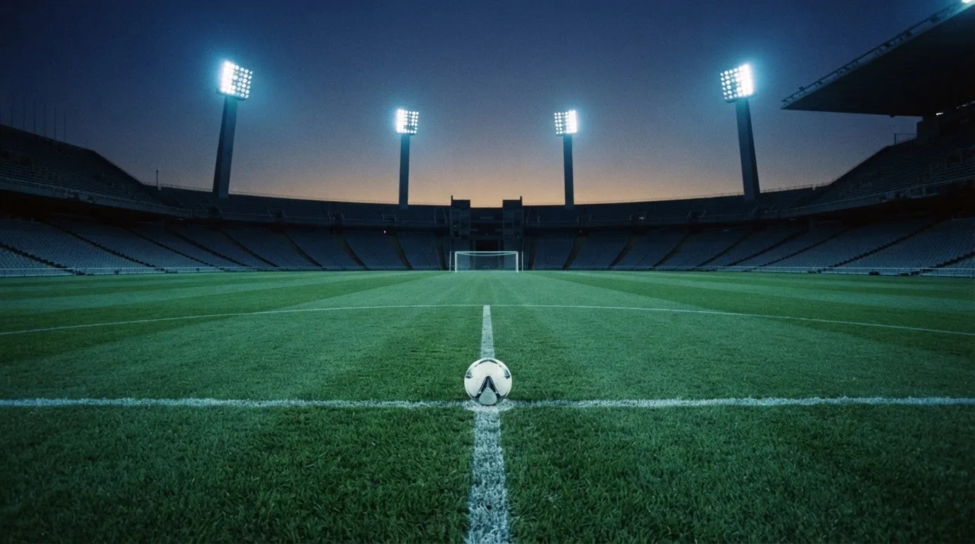 Ein Fußball liegt auf dem Anstoßpunkt eines leeren Rasenplatzes, im Hintergrund steht ein Stadion unter Flutlicht in der Dämmerung.