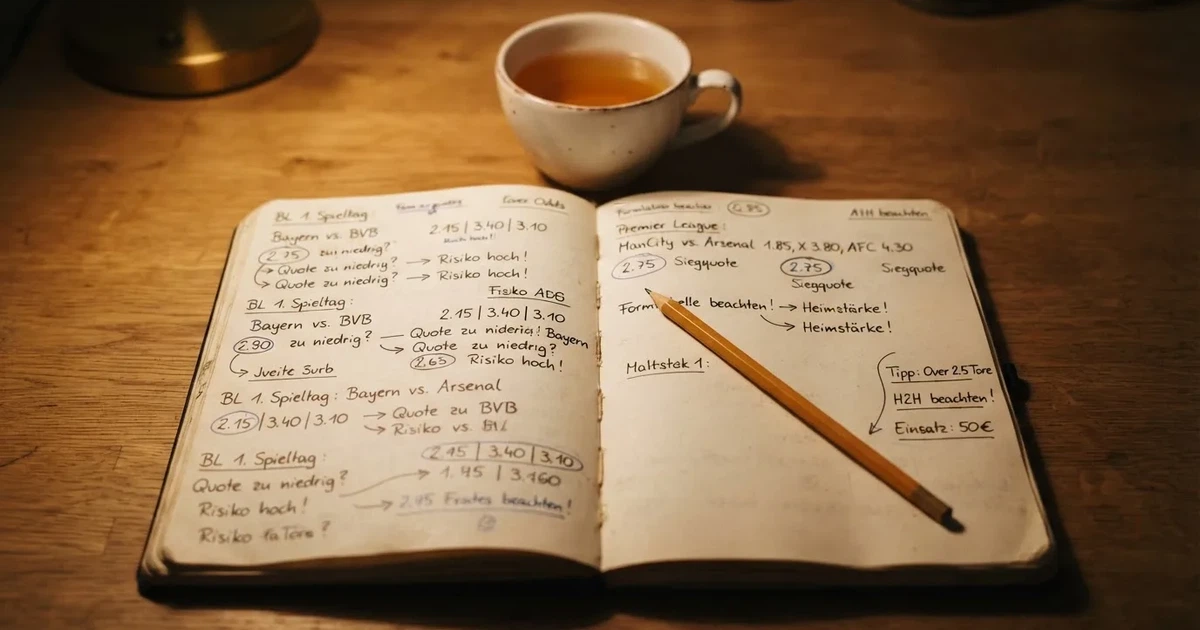 Ein Notizbuch mit handschriftlichen Notizen und Pfeilen liegt aufgeschlagen auf einem Schreibtisch, daneben ein Bleistift und eine Tasse Tee.