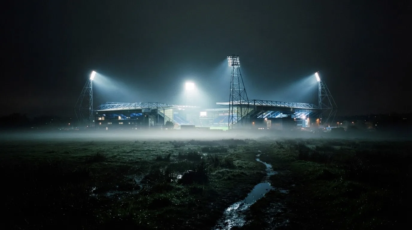 Ein Stadion unter Flutlicht, aus großer Entfernung über eine dunkle Wiese fotografiert, am Himmel zieht Nebel auf.