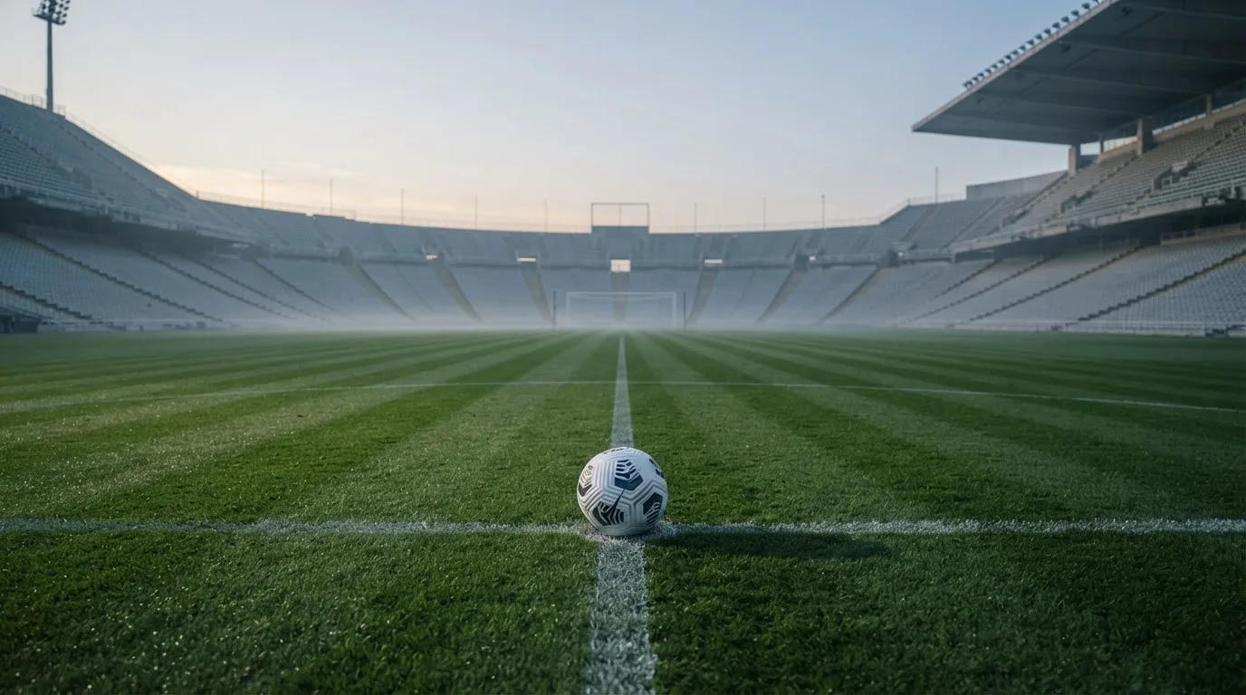 Ein Fußball liegt auf dem Anstoßpunkt eines leeren Rasenplatzes in der Morgendämmerung, im Hintergrund eine leere Tribüne.