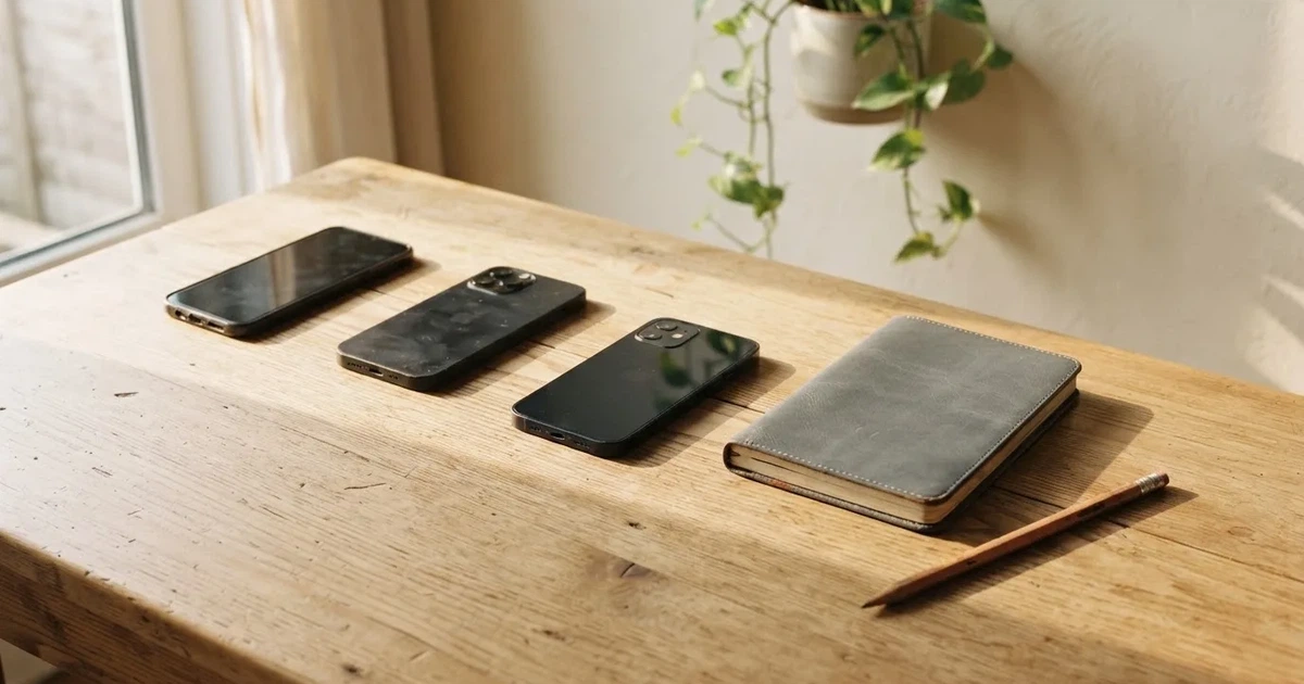 Mehrere Smartphones liegen mit dem Display nach unten neben einem Notizblock und einem Bleistift auf einem hellen Holztisch, seitliches Morgenlicht.