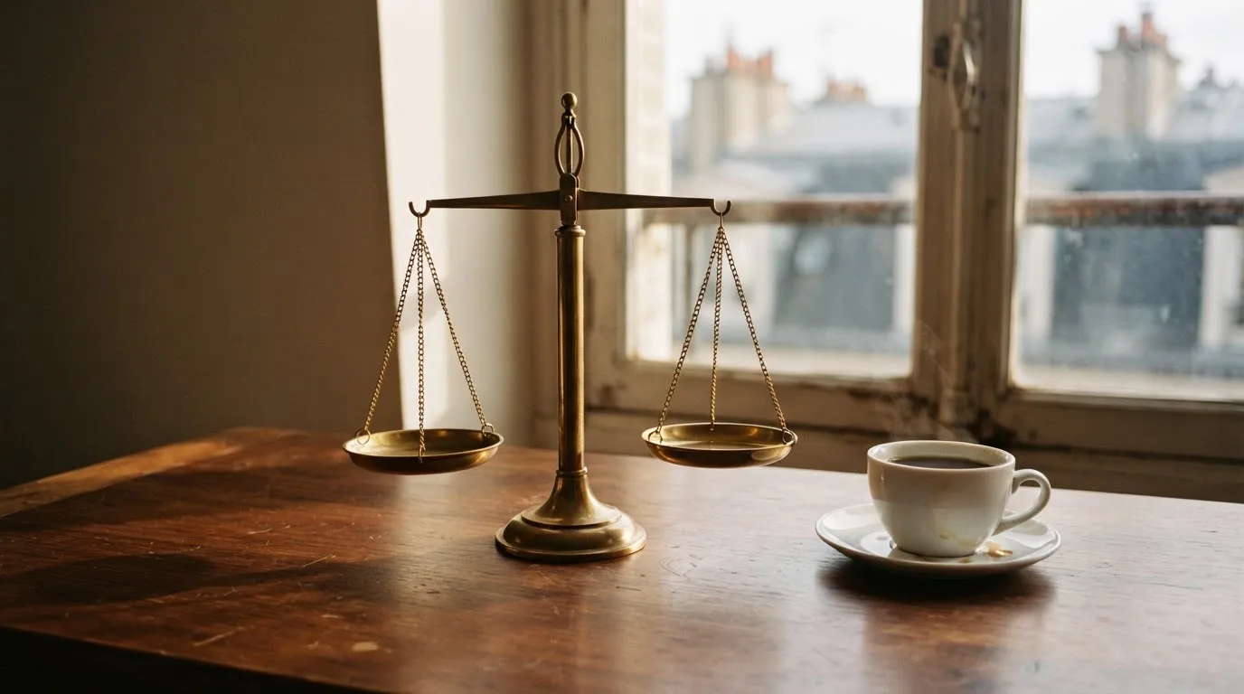 Eine Messingwaage steht auf einem dunklen Holzschreibtisch neben einer Kaffeetasse, im Hintergrund ein Fenster mit Blick auf Dächer.