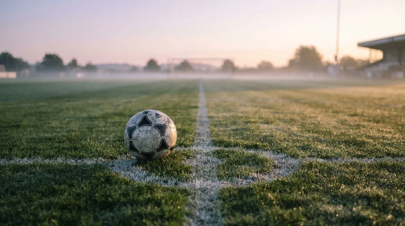 Ein Fußball ruht auf dem Mittelkreis eines leeren Rasenplatzes in der Morgendämmerung, Tau liegt auf dem Gras.