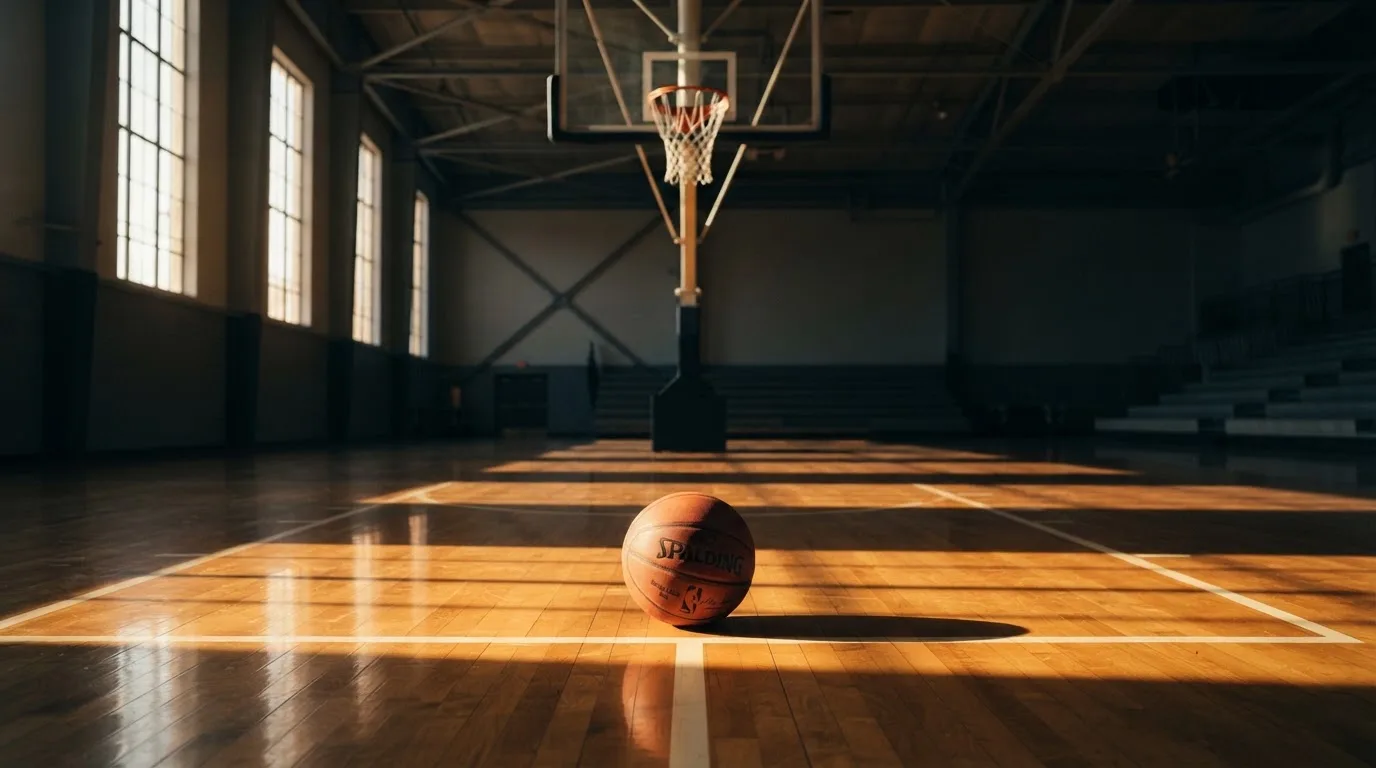 Ein Basketball liegt auf dem Hallenboden unter einem Korb, das Netz hängt ruhig, Morgenlicht fällt durch hohe Fenster.