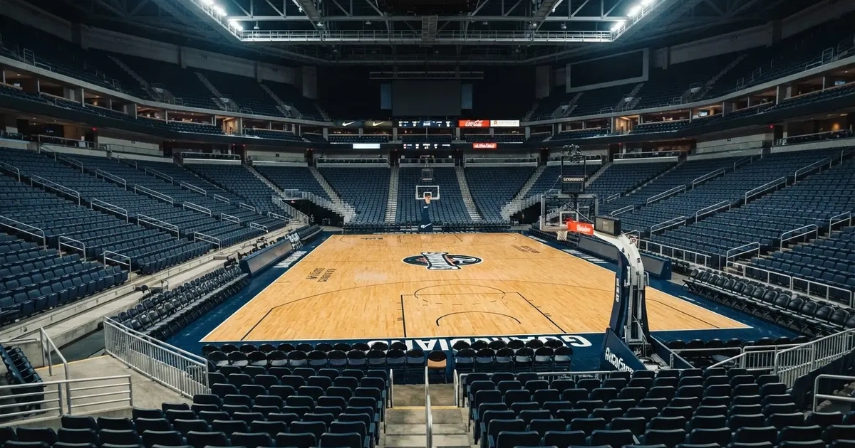Eine leere Basketballhalle von einer oberen Tribünenreihe aus gesehen, Parkett und Körbe im Licht der Hallenstrahler.