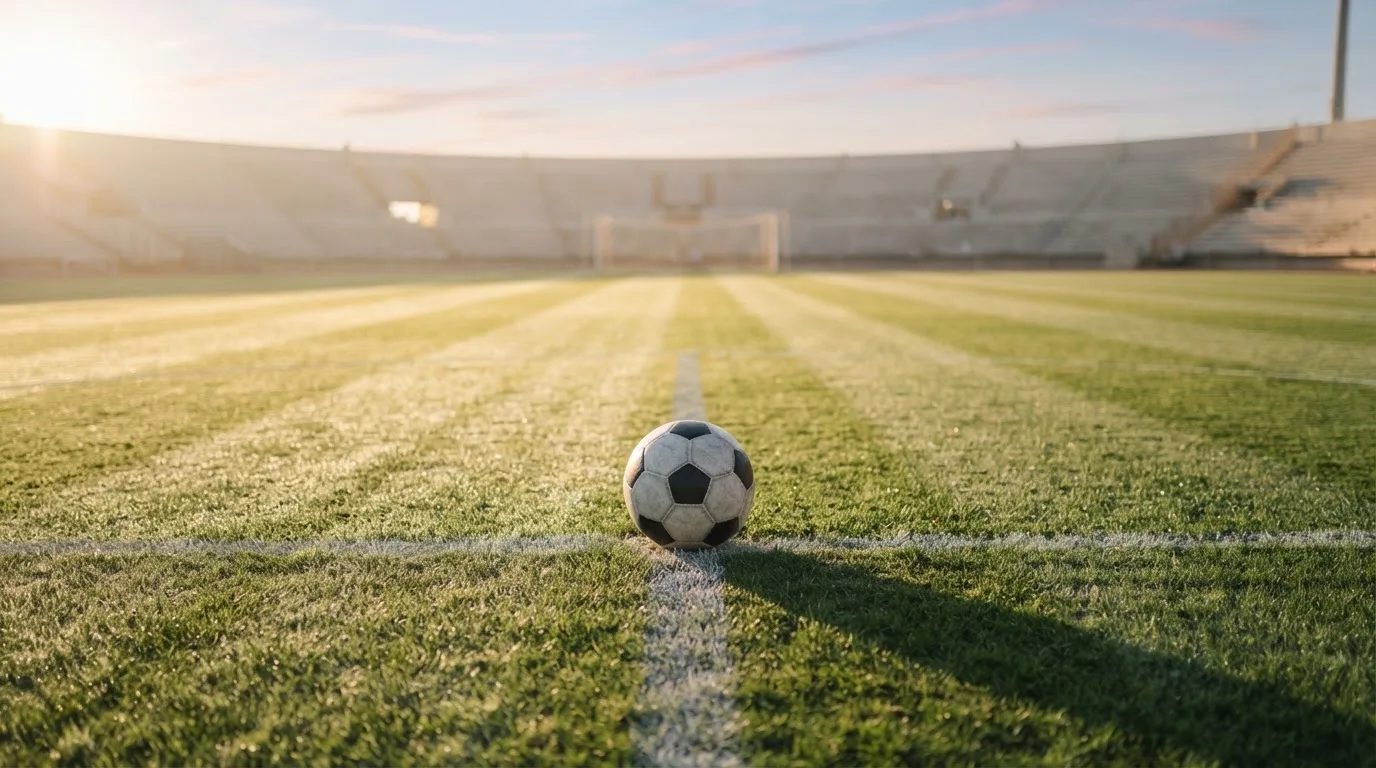 Ein Fußball liegt auf dem Anstoßkreis eines leeren Rasenplatzes im Licht der Morgensonne.