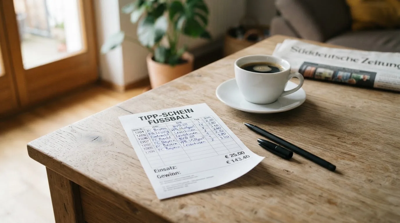 Ein leerer Wettschein aus Papier liegt neben einem Kugelschreiber und einer Tasse auf einem hellen Holztisch.