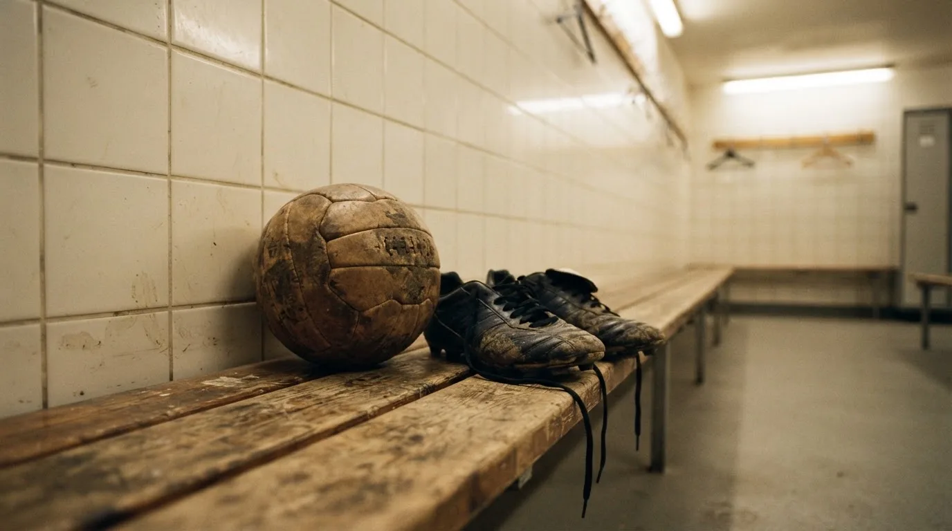 Ein Fußball liegt neben einem Paar Fußballschuhen ohne Markenzeichen auf einer Holzbank in einer leeren Umkleide.