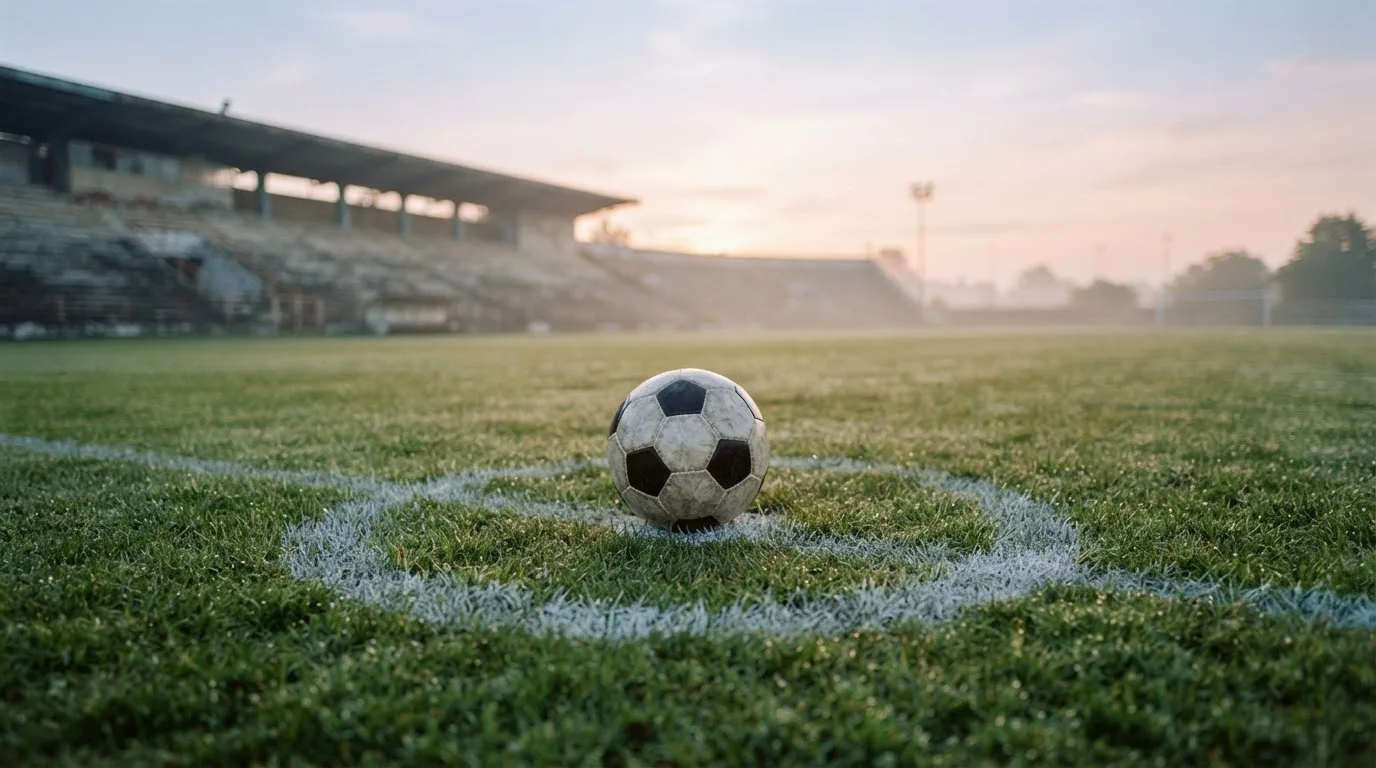 Ein Fußball liegt auf dem Anstoßpunkt eines leeren Rasenplatzes in der Morgendämmerung, im Hintergrund eine leere Tribüne.