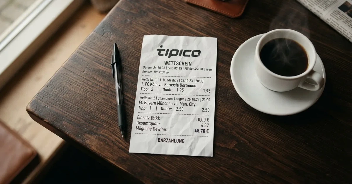 Ein leerer Wettschein aus Papier liegt neben einem Kugelschreiber und einer Tasse Kaffee auf einem Tisch, Aufnahme von oben.